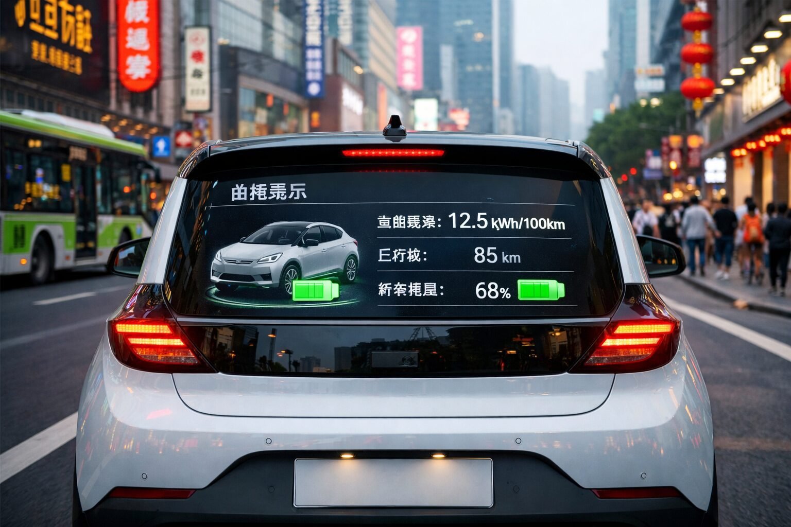 Vehículo eléctrico circula en una ciudad china con pantalla que muestra su consumo energético
