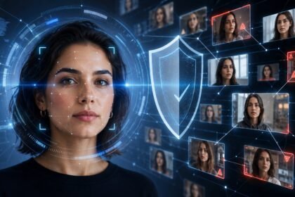 Ilustración conceptual de la herramienta de detección de likeness con IA de YouTube, que permite a usuarios adultos escanear su rostro, buscar posibles videos deepfake y solicitar su retiro