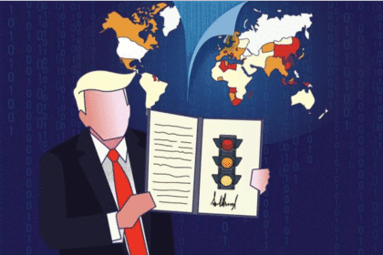 Ilustración de banderas y contenedores simbolizando la diplomacia arancelaria