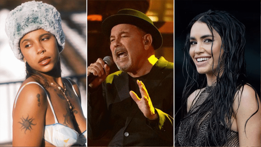 Artistas de música latina en un escenario iluminado representando la innovación de 2025