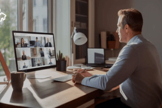 trabajo híbrido: persona teletrabajando en casa con espacio adaptado