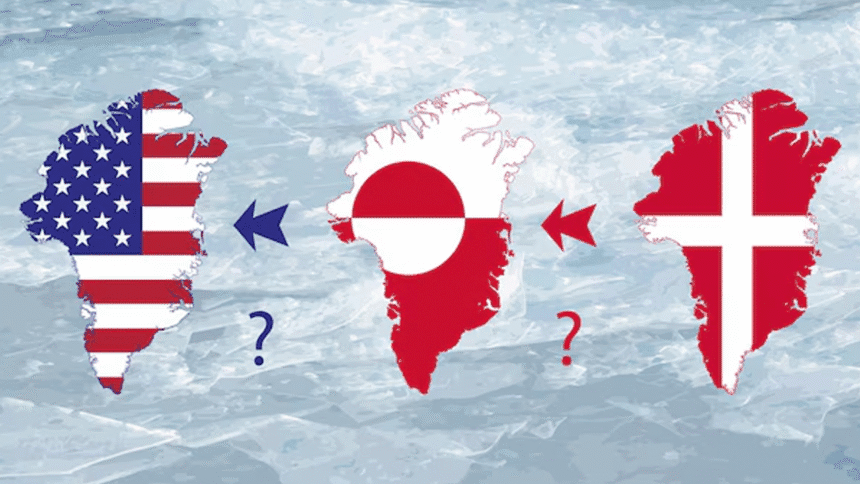 Mapa del Ártico resaltando Groenlandia junto a las banderas de Estados Unidos y Dinamarca